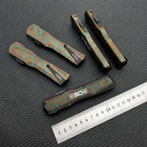 Burnished Bronze Turquoise Kintsugi compact OTF automatic knife with tapered housing and linear slider