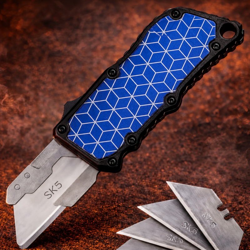Cobalt White Isometric Cubes OTF utility knife with trapezoid blade and black frame