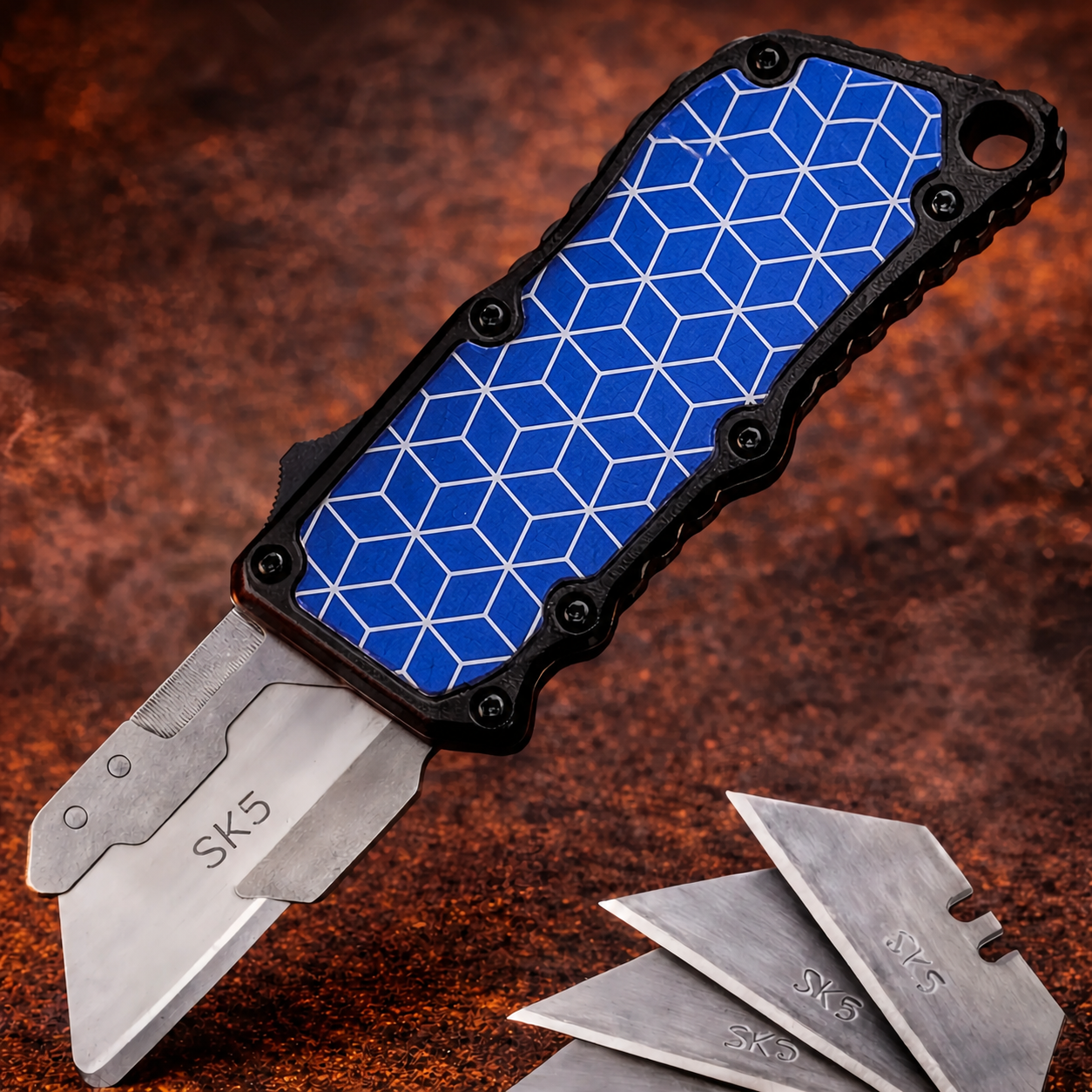 Cobalt White Isometric Cubes OTF Utility Knife Cobalt White Isometric Cubes OTF utility knife with trapezoid blade and black frame