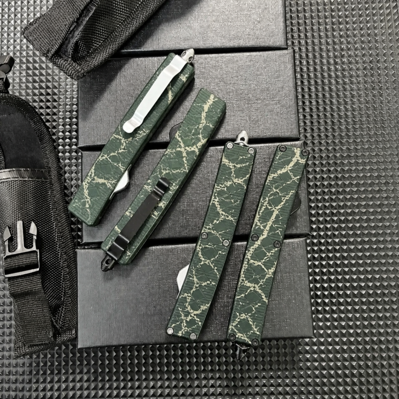 Forest Jade Marbled Veins angular diamond-panel OTF automatic knife with matching handle scales
