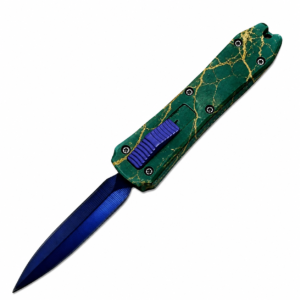Jade Gold Marble mini OTF automatic knife with blue blade