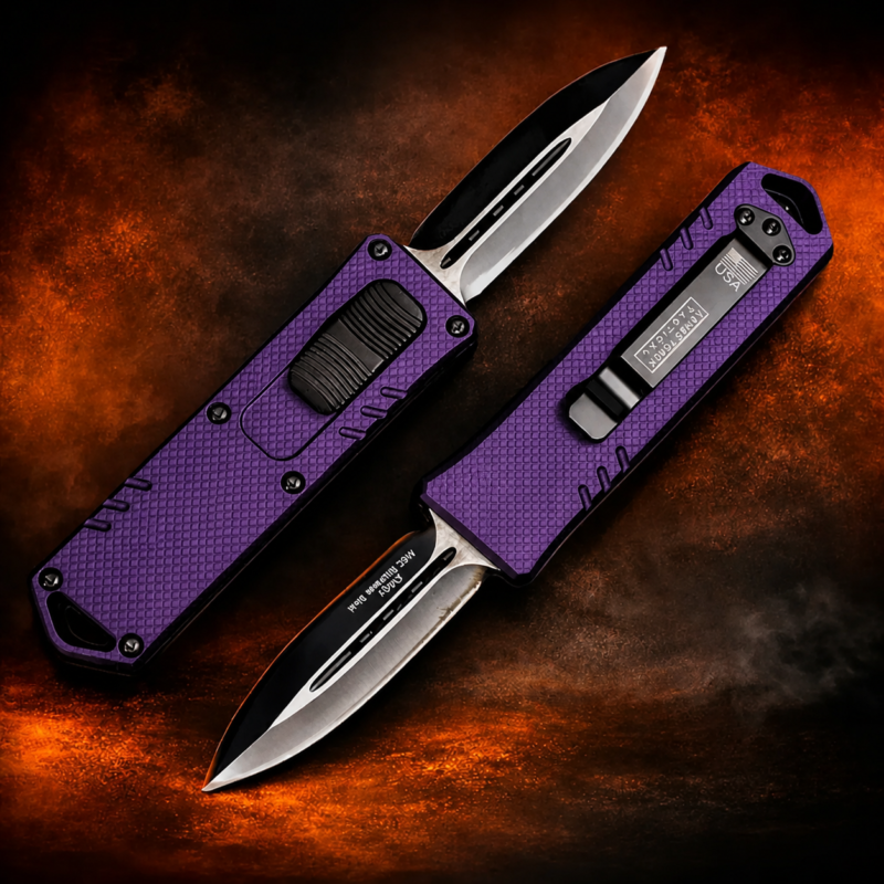 Midnight Purple Diamond Mesh double-action OTF automatic knife pair on fiery background