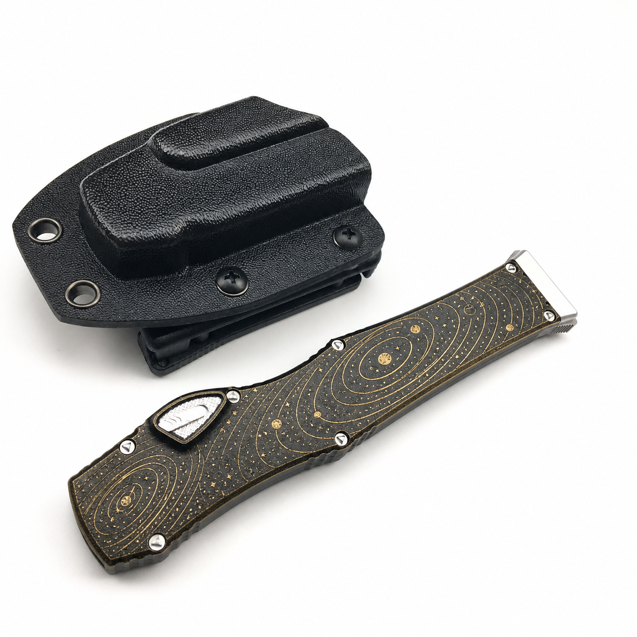 Obsidian Gold Celestial Orbit OTF Automatic Knife Obsidian Gold Celestial Orbit aluminum alloy OTF automatic knife closed beside a black sheath on white