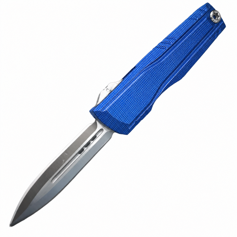 Sapphire Blue Micro Grid aluminum alloy OTF automatic knife open on white