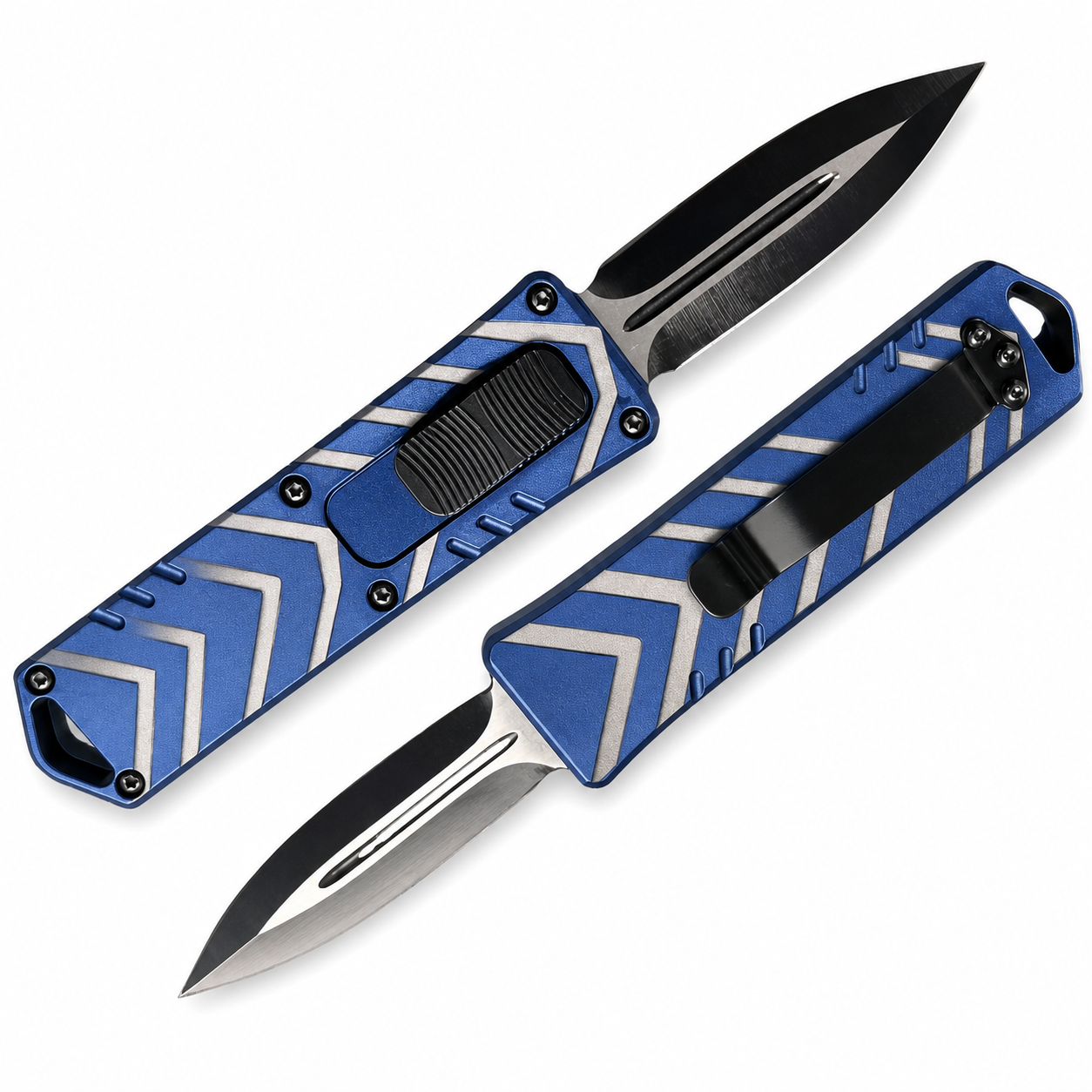 Sapphire Silver Chevron Steps OTF Automatic Knife Sapphire Silver Chevron Steps OTF automatic knife front and rear views with spear-point blade