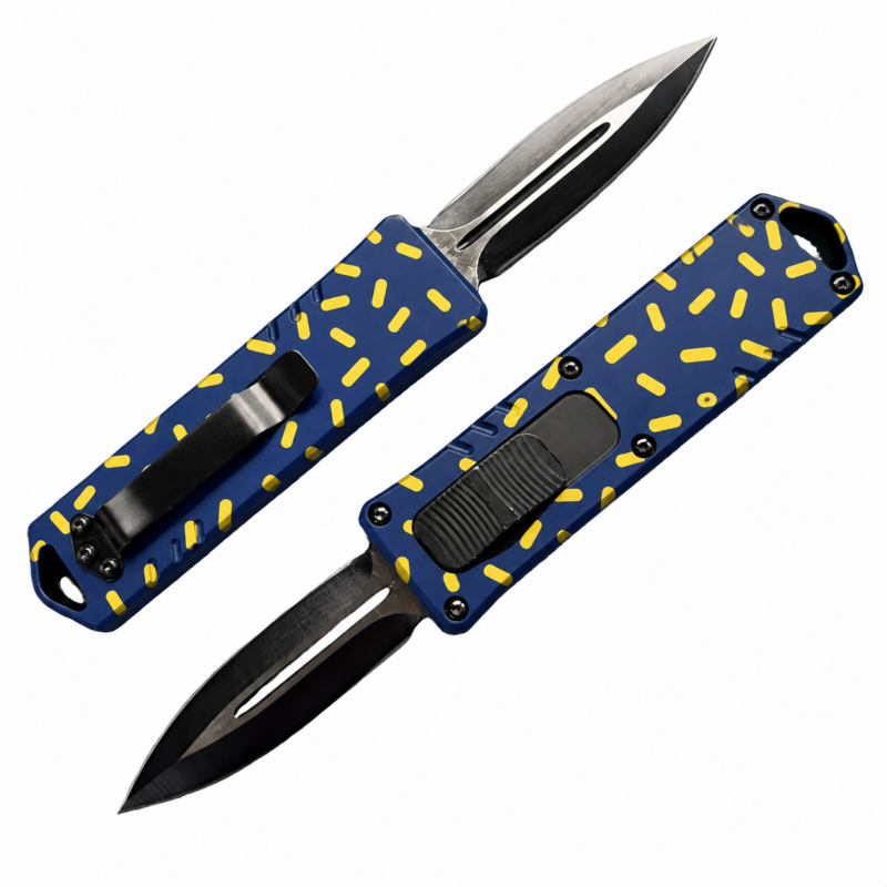 Ultramarine Lemon Capsule Scatter OTF automatic knife front and rear views with spear-point blade
