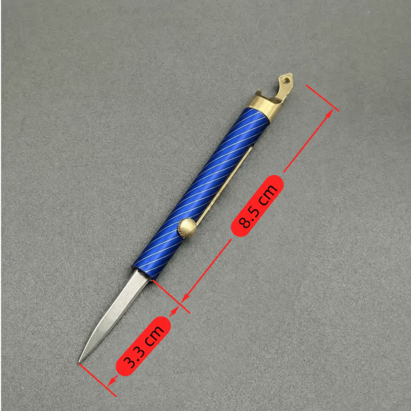Cobalt Silver Pinstripes pen-style OTF automatic knife with cylindrical housing and side button