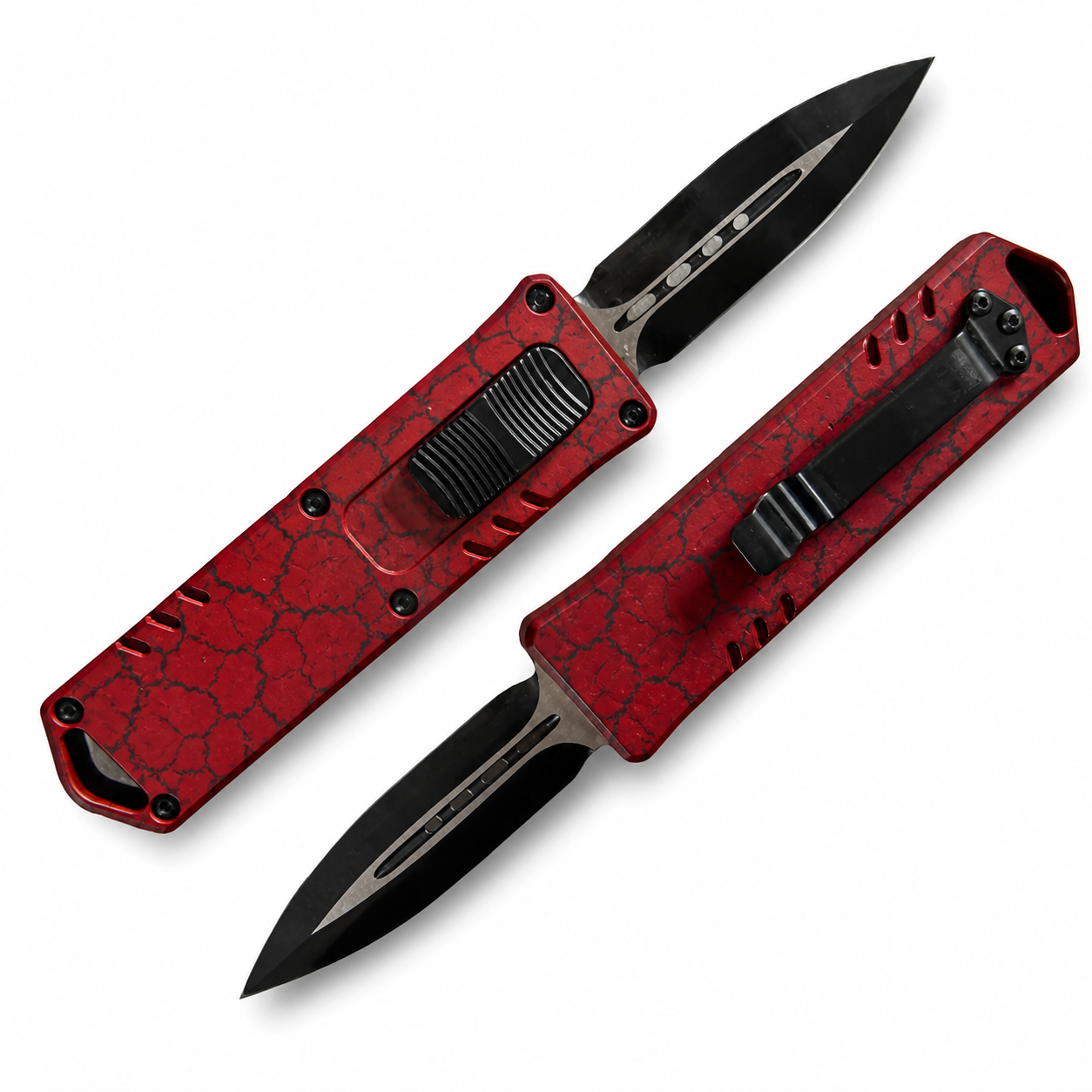 Crimson Black Ember Veins OTF Automatic Knife Crimson Black Ember Veins OTF automatic knife front and rear views with black spear-point blade