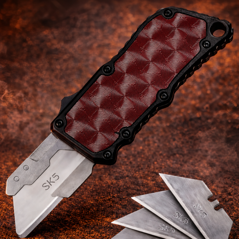 Crimson Silver Guilloche Rosettes OTF utility knife with trapezoid blade and black frame