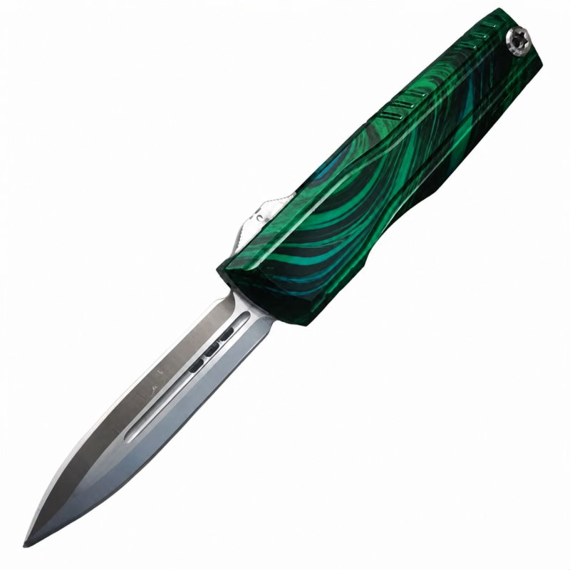 Emerald Aurora Swirl aluminum alloy OTF automatic knife open on white