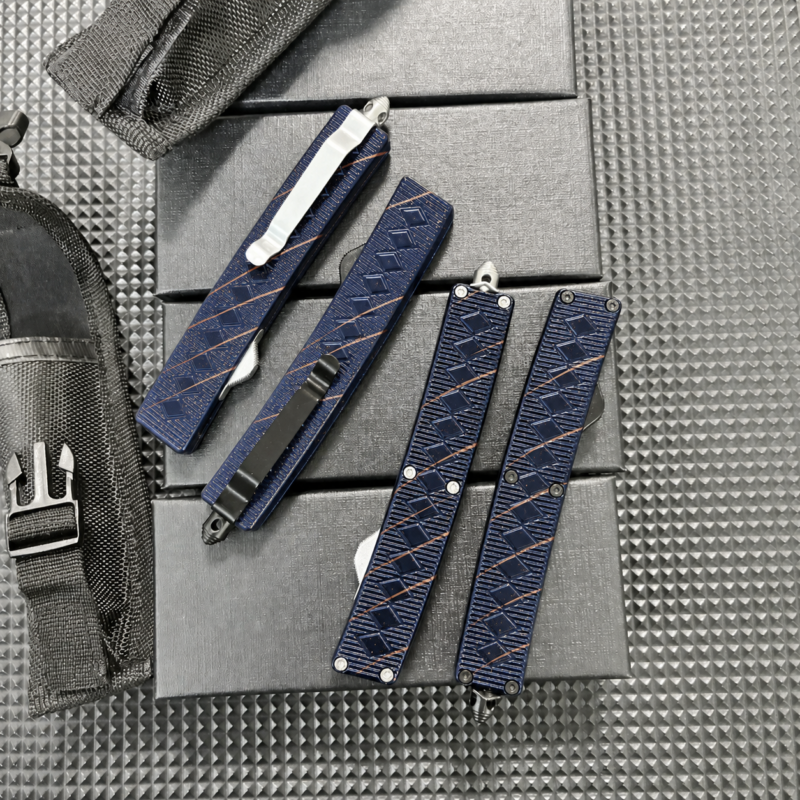 Ink Navy Bronze Circuit Trace angular diamond-panel OTF automatic knife with matching handle scales