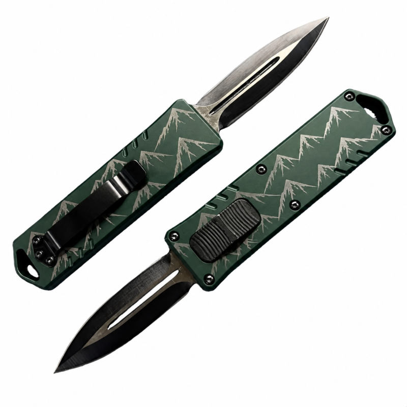 Pine Silver Mountain Peaks OTF automatic knife front and rear views with spear-point blade