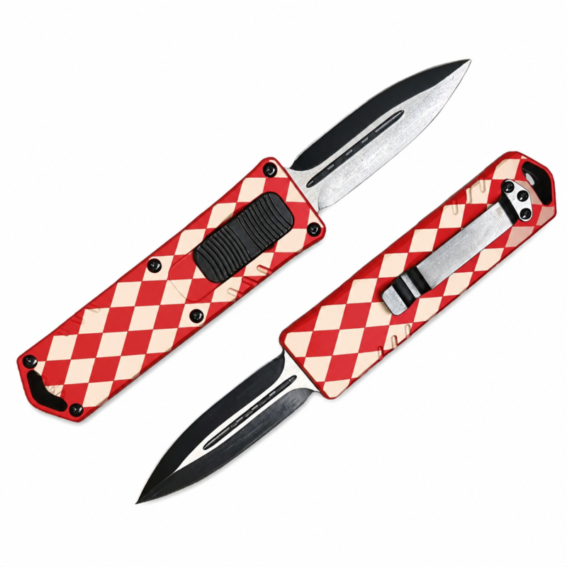 Scarlet Ivory Diamond Harlequin OTF automatic knife front and rear views with spear-point blade