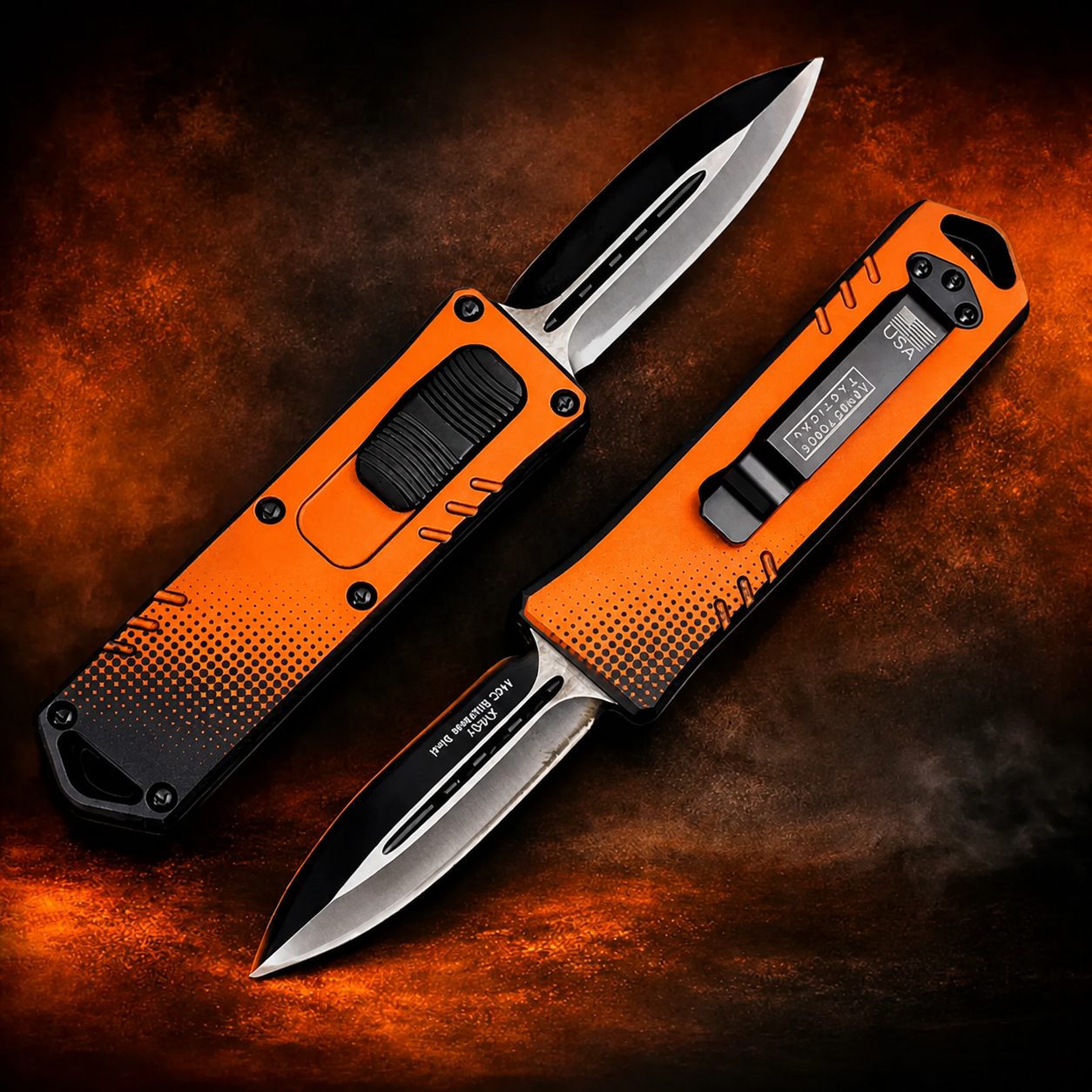 Solar Orange Black Halftone Fade Double-Action OTF Automatic Knife Solar Orange Black Halftone Fade double-action OTF automatic knife pair on fiery background