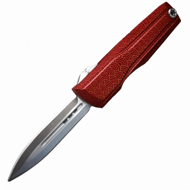 Crimson Gold Seigaiha aluminum alloy OTF automatic knife open on white