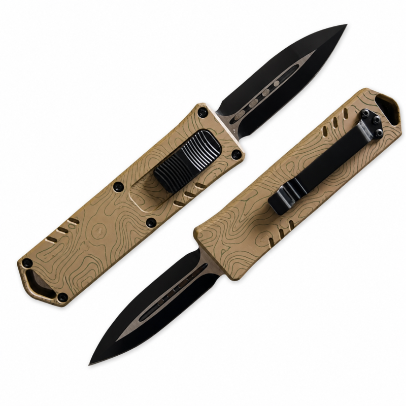 Desert Tan Olive Topographic Lines OTF automatic knife front and rear views with black spear-point blade