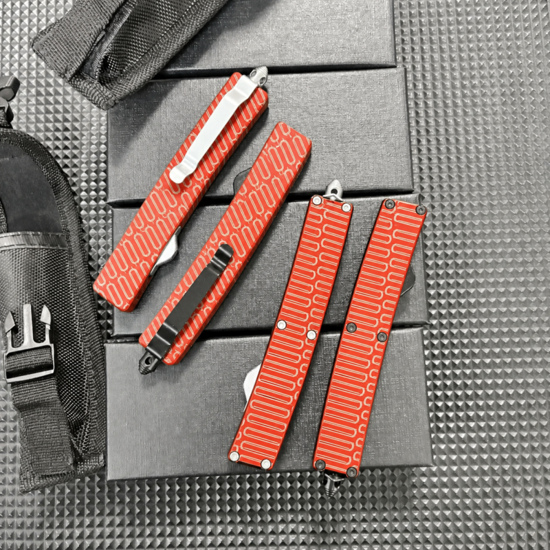 Vermilion Linen Loop Repeat angular diamond-panel OTF automatic knife with matching handle scales