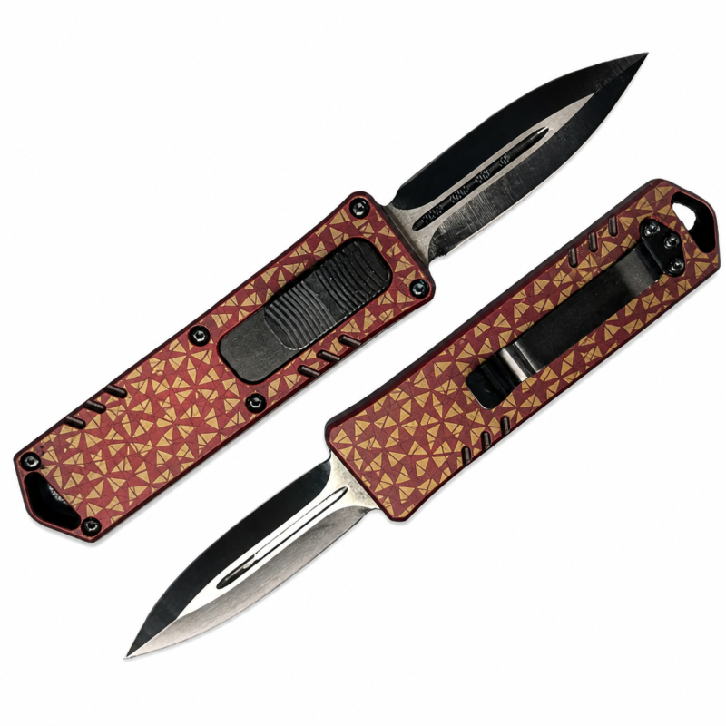 Burgundy Brass Pinwheel Mosaic OTF automatic knife front and rear views with spear-point blade