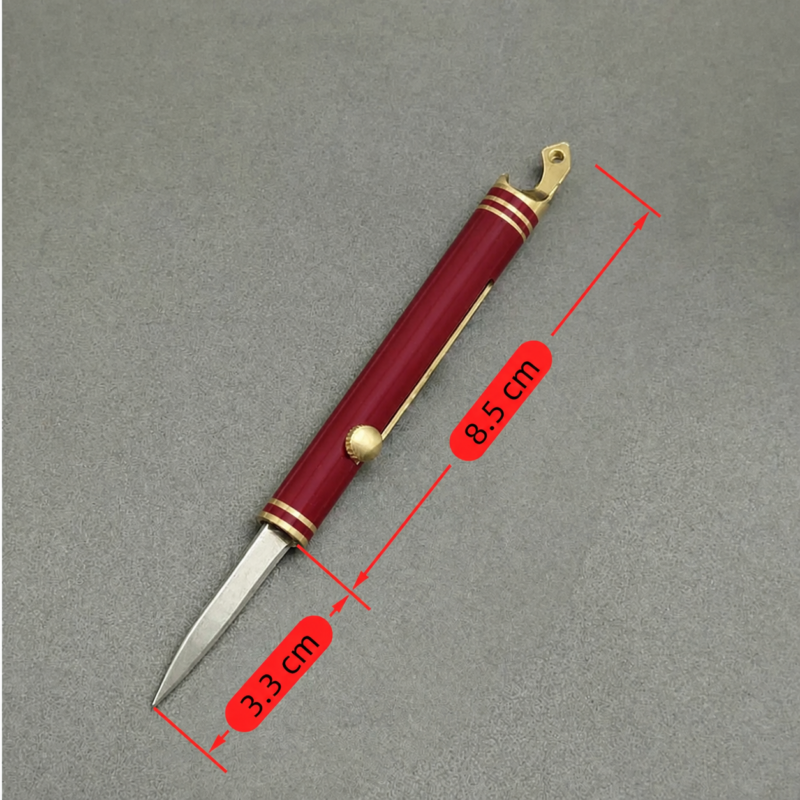 Burgundy Gold Bands pen-style OTF automatic knife with cylindrical housing and side button