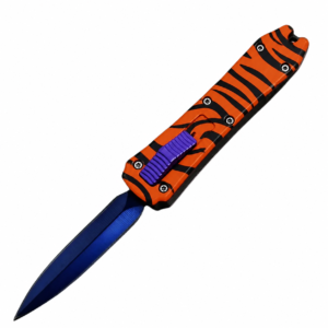Burnt Orange Tiger Stripe mini OTF automatic knife with blue blade