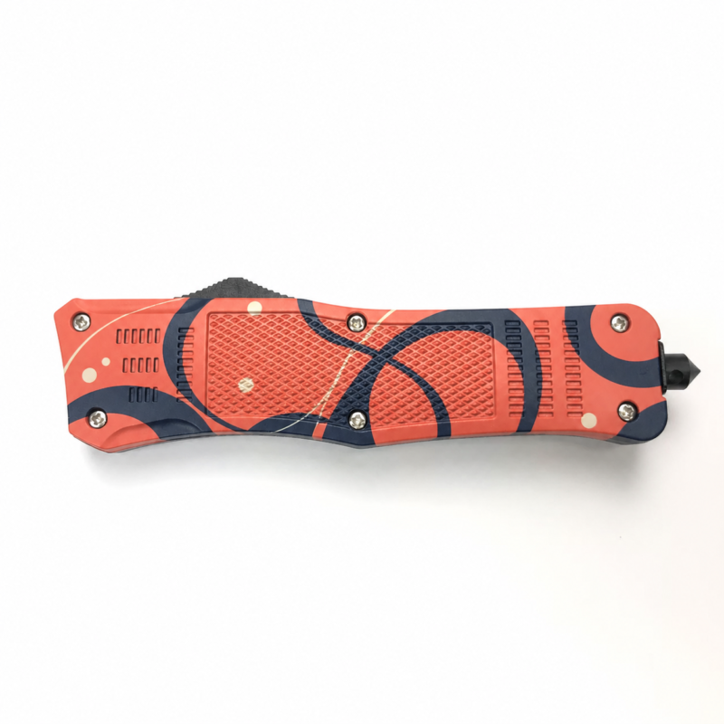 Coral Deep Navy Orbital Arcs waisted-handle OTF automatic knife shown closed on white