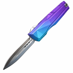 Violet Cyan Prismatic Facets aluminum alloy OTF automatic knife open on white