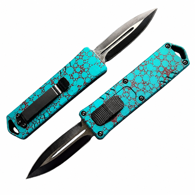 Aqua Burgundy Pebble Cells OTF automatic knife front and rear views with spear-point blade