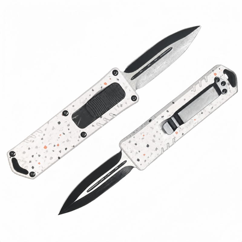 Pearl Black Terrazzo Chips OTF automatic knife front and rear views with spear-point blade