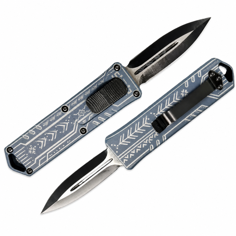 Slate Blue White Nordic Bands OTF automatic knife front and rear views with spear-point blade