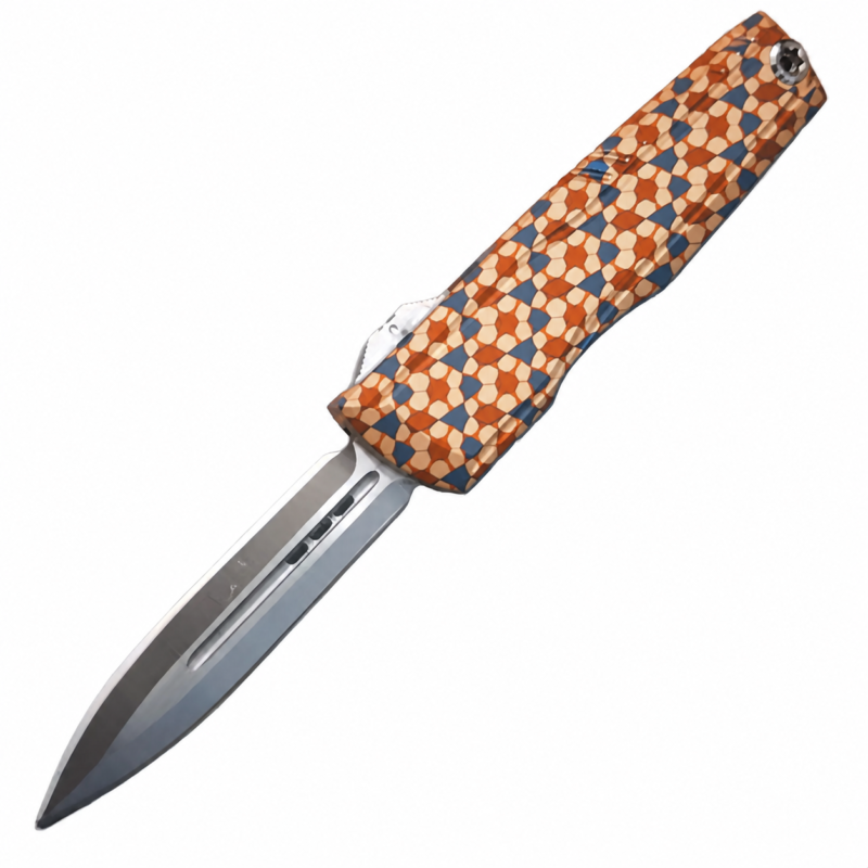 Terracotta Cream Mosaic aluminum alloy OTF automatic knife open on white