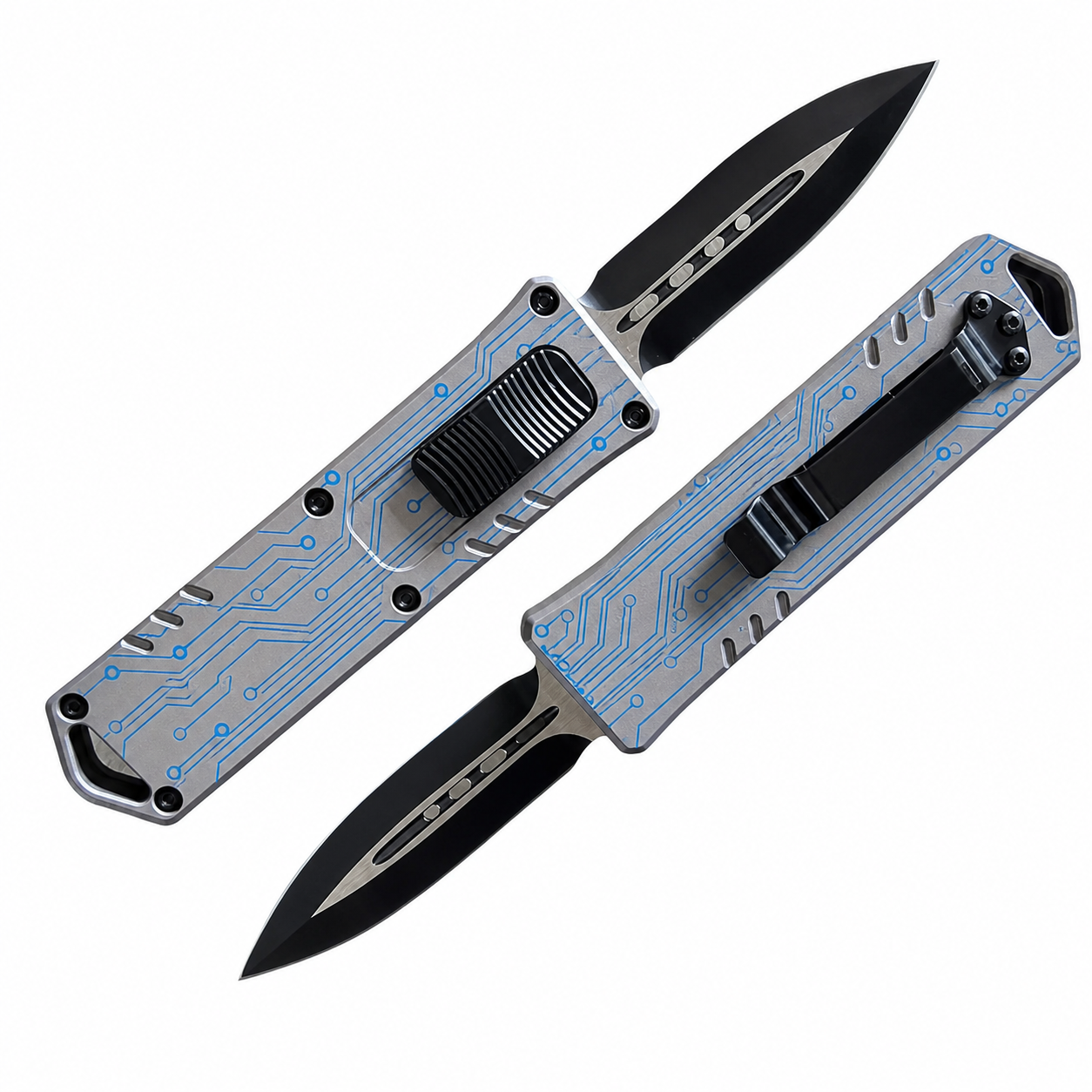 Titanium Silver Electric Blue Circuits OTF Automatic Knife Titanium Silver Electric Blue Circuits OTF automatic knife front and rear views with black spear-point blade