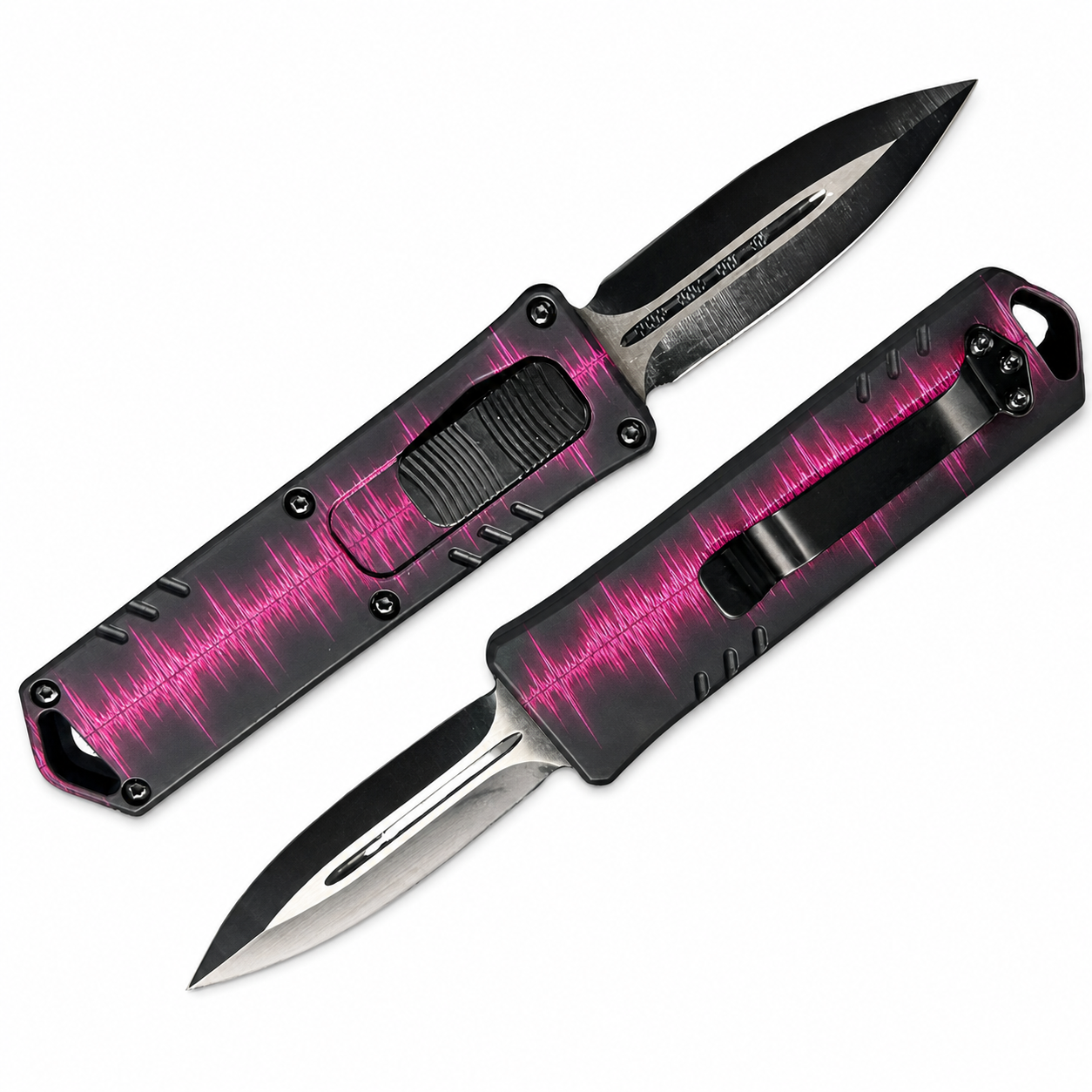 Graphite Neon Magenta Soundwave OTF Automatic Knife Graphite Neon Magenta Soundwave OTF automatic knife front and rear views with spear-point blade