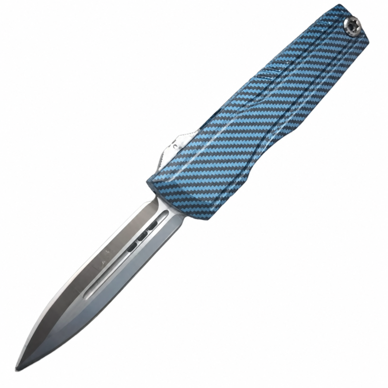 Ice Blue Graphite Weave aluminum alloy OTF automatic knife open on white