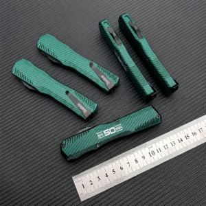 Jade Black Reed Weave compact OTF automatic knife with tapered housing and linear slider
