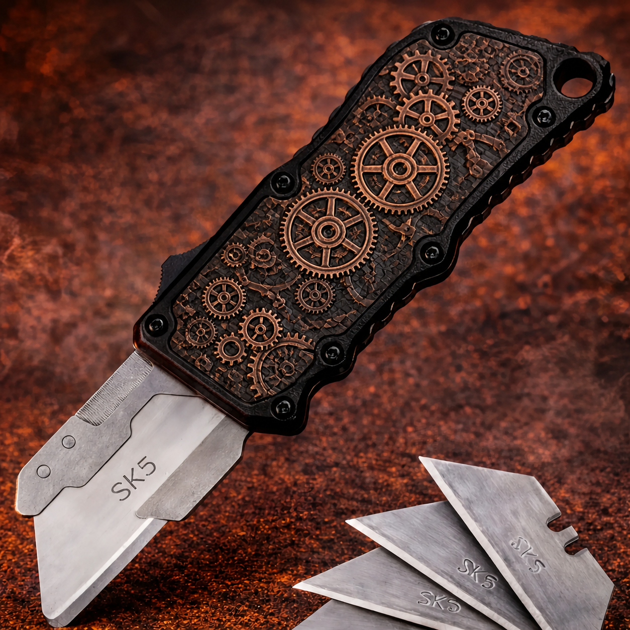 Matte Black Copper Gearwork OTF Utility Knife Matte Black Copper Gearwork OTF utility knife with trapezoid blade and black frame