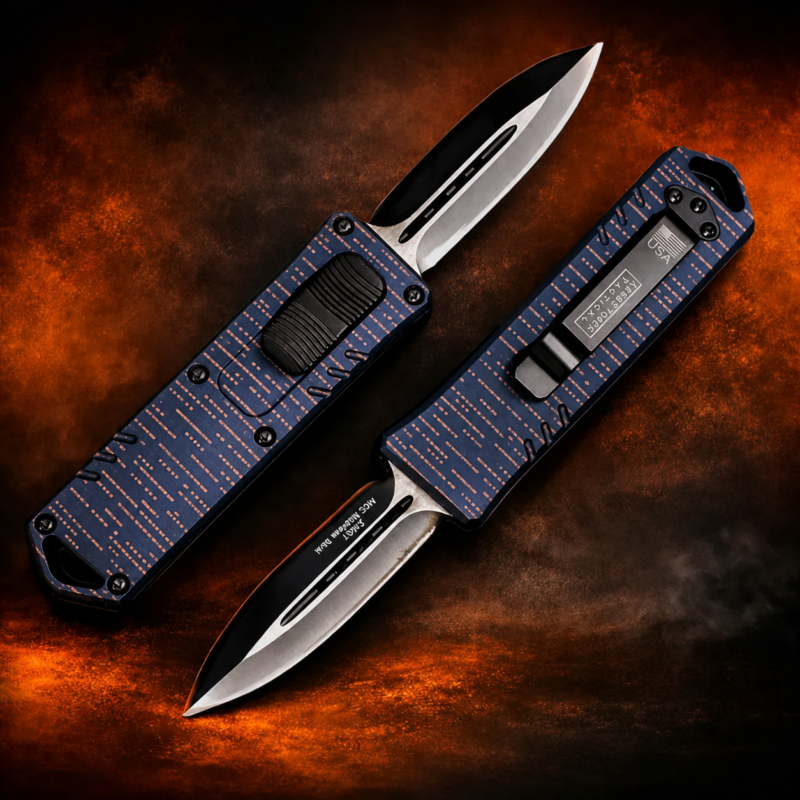 Navy Copper Morse Code double-action OTF automatic knife pair on fiery background