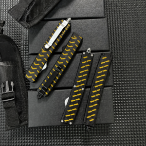 Carbon Yellow Staggered Bars angular diamond-panel OTF automatic knife with matching handle scales