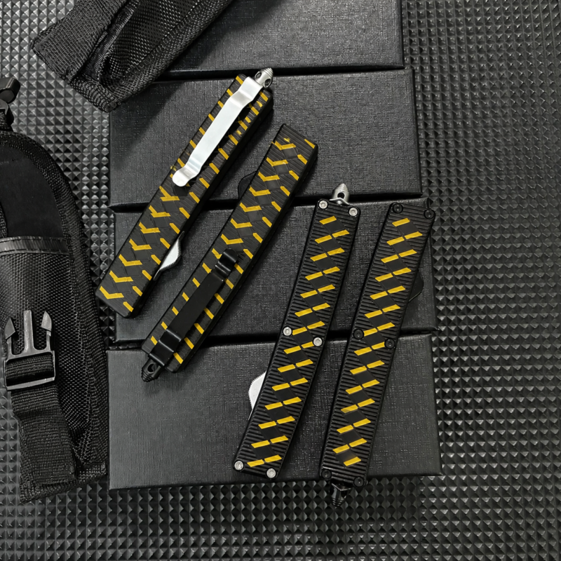 Carbon Yellow Staggered Bars angular diamond-panel OTF automatic knife with matching handle scales
