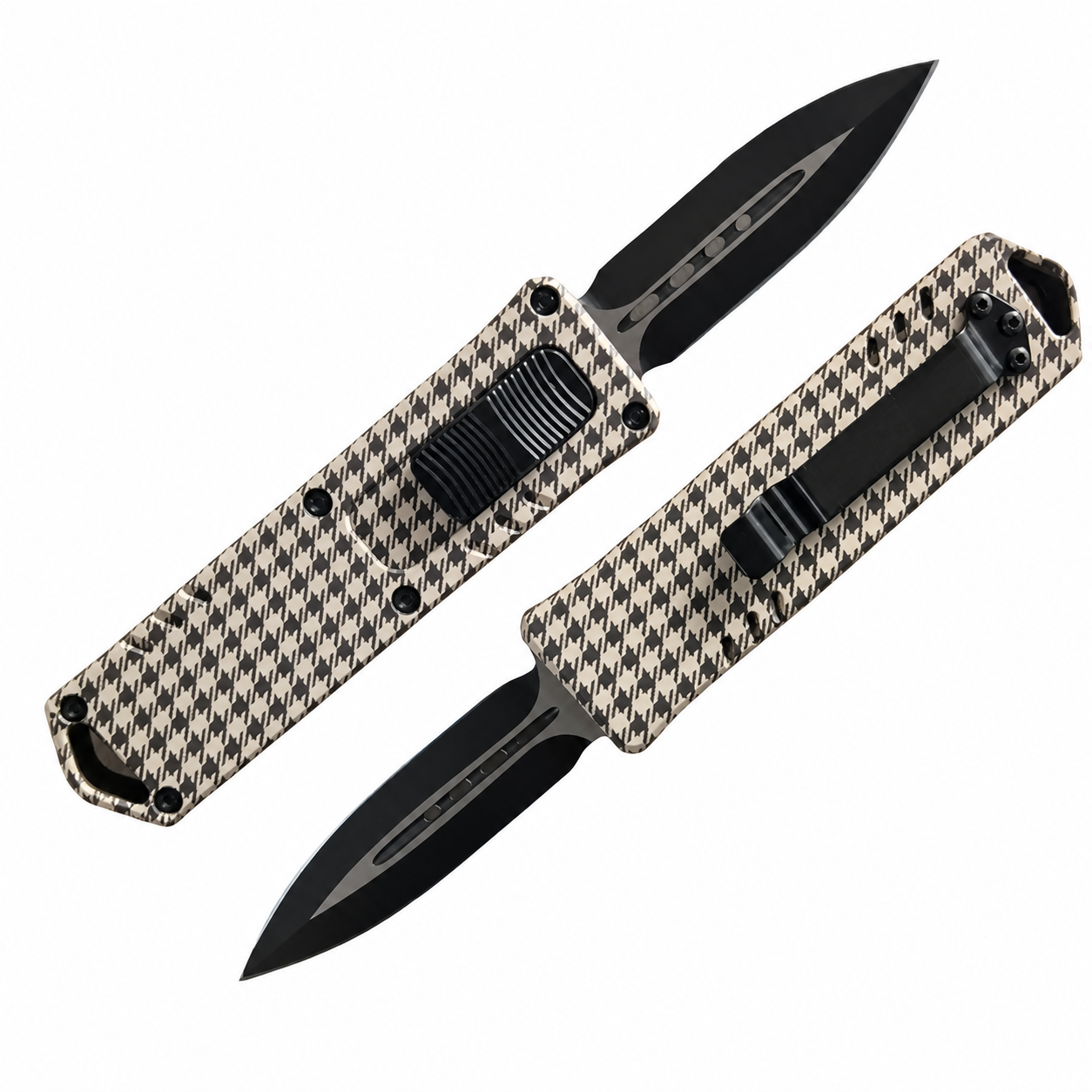 Ivory Charcoal Houndstooth OTF Automatic Knife Ivory Charcoal Houndstooth OTF automatic knife front and rear views with black spear-point blade
