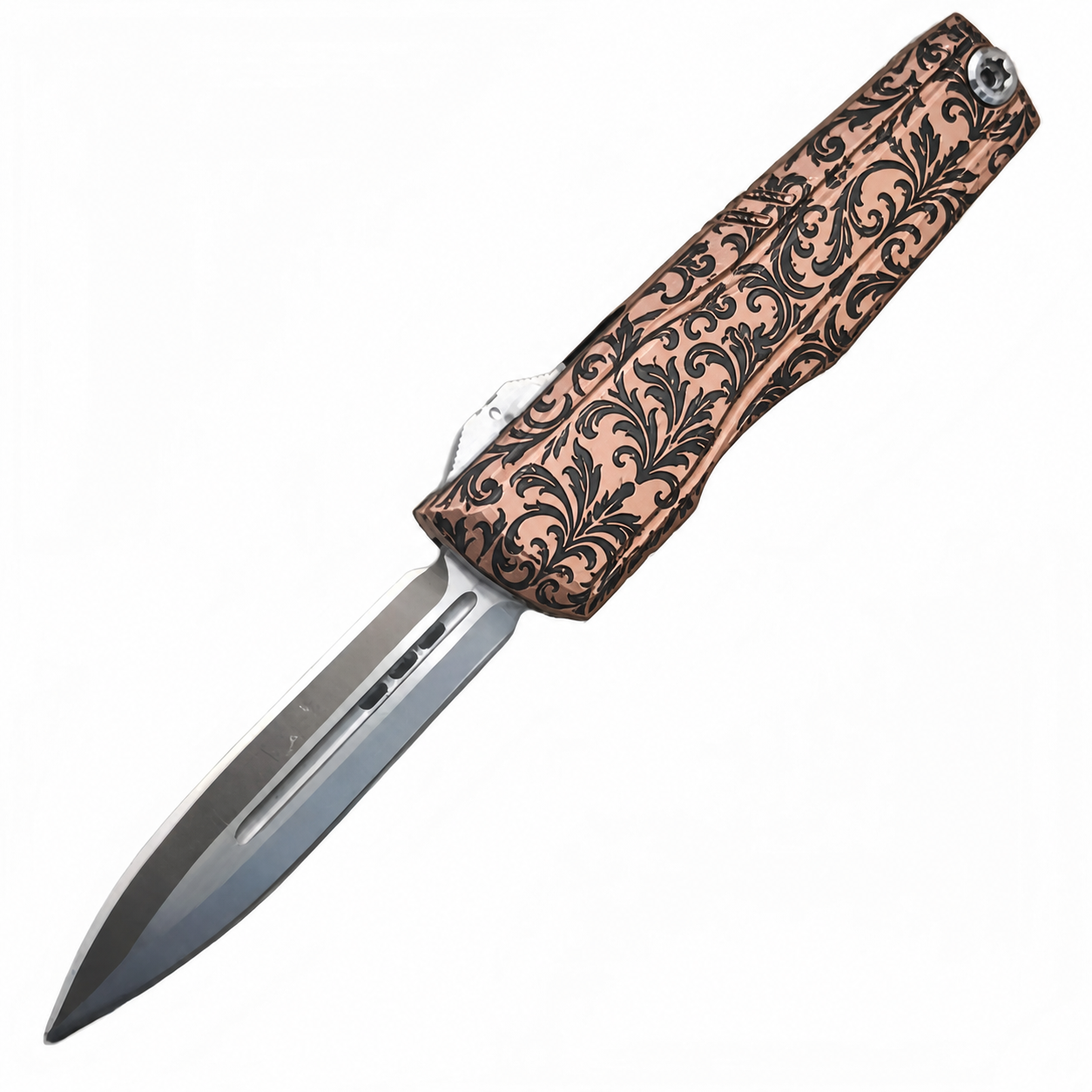 Rose Gold Black Damask OTF Automatic Knife Rose Gold Black Damask aluminum alloy OTF automatic knife open on white