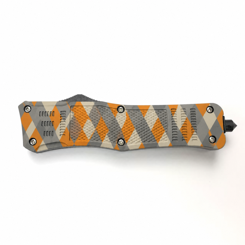 Warm Gray Tangerine Tessellated Kites waisted-handle OTF automatic knife shown closed on white