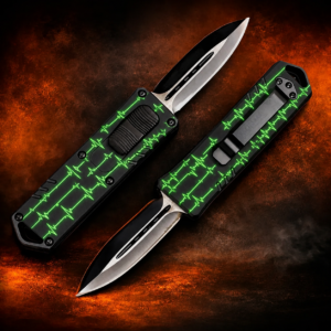Black Neon Green Pulse Lines Double-Action OTF Automatic Knife