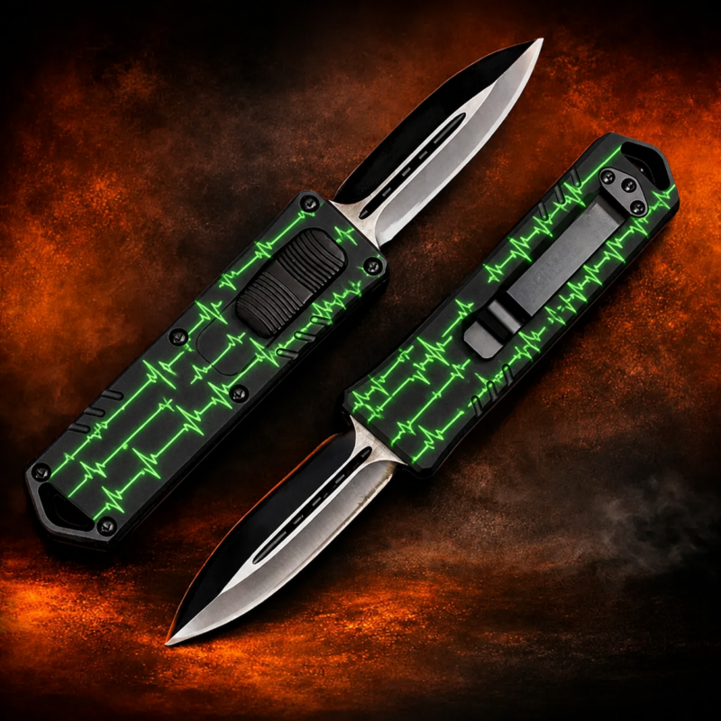 Black Neon Green Pulse Lines double-action OTF automatic knife pair on fiery background