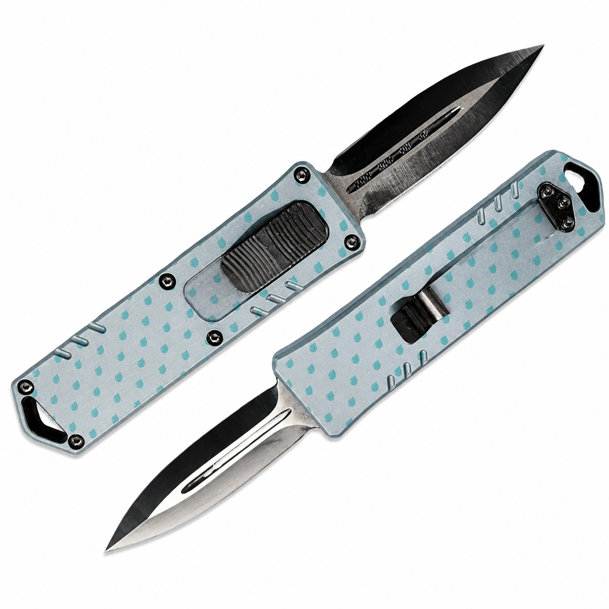 Ice Gray Turquoise Raindrop Lattice OTF Automatic Knife Ice Gray Turquoise Raindrop Lattice OTF automatic knife front and rear views with spear-point blade