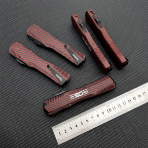Scarlet Graphite Triaxial Braid compact OTF automatic knife with tapered housing and linear slider