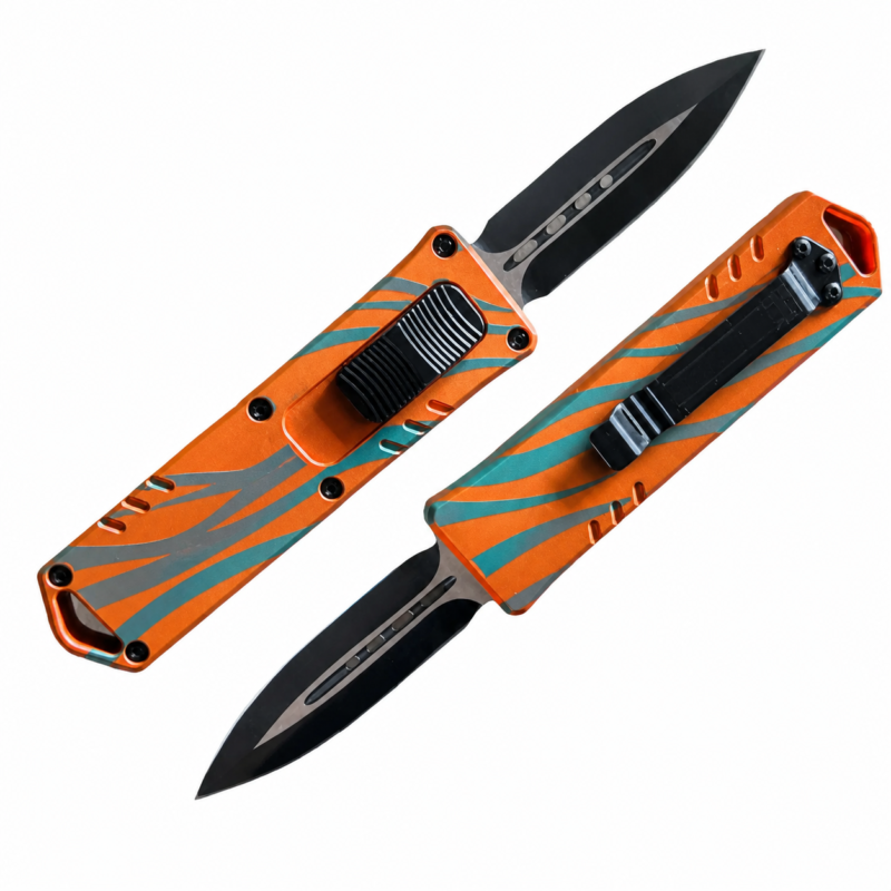 Sunset Orange Teal Wave Stripes OTF automatic knife front and rear views with black spear-point blade