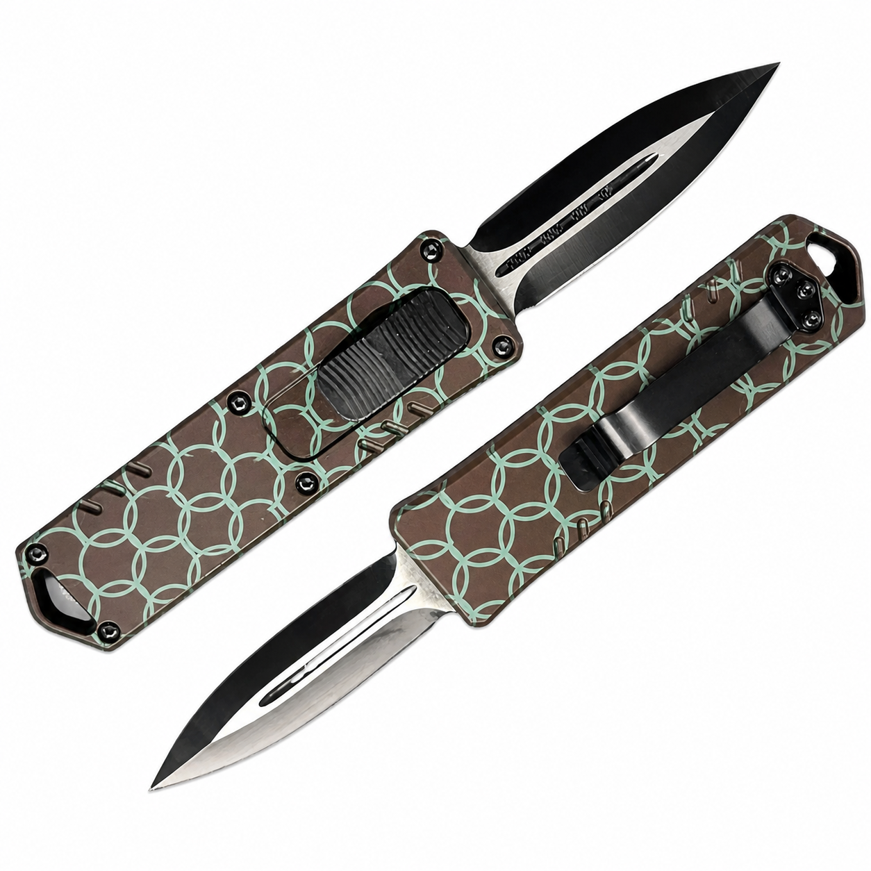 Chocolate Mint Interlocking Circles OTF Automatic Knife Chocolate Mint Interlocking Circles OTF automatic knife front and rear views with spear-point blade