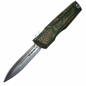 Forest Green Copper Fern aluminum alloy OTF automatic knife open on white