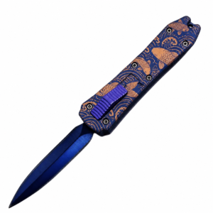 Indigo Copper Koi mini OTF automatic knife with blue blade
