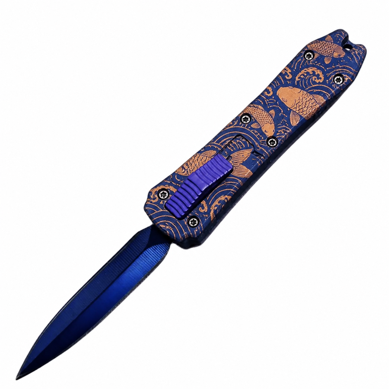 Indigo Copper Koi Mini OTF Automatic Knife Indigo Copper Koi mini OTF automatic knife with blue blade